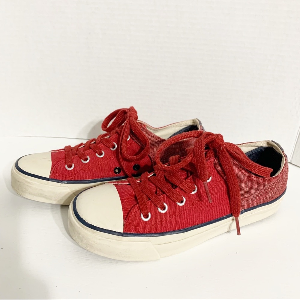 P. F. Flyers Two Toned Solid and Print Low Rise Lace Up Canvas Sneakers Red 7.5